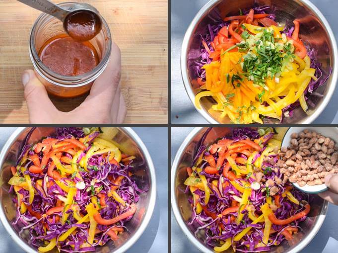 Steps for making Thai cabbage salad: whisking the red curry vinaigrette, adding the raw veggies to a bowl, tossing together, and garnishing with peanuts.