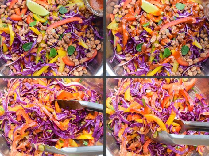 Close-up steps for making Thai cabbage salad: drizzling with red curry vinaigrette and tossing to combine