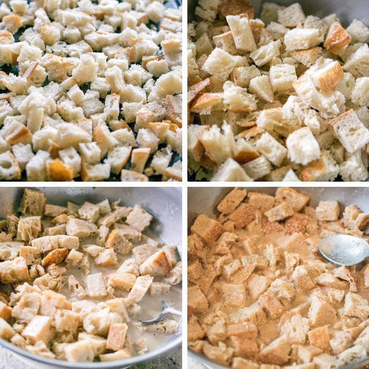 Steps for prepping vegan bread pudding before baking: dry out the bread cubes on a baking sheet, then soak them in a custard mixture until absorbed.