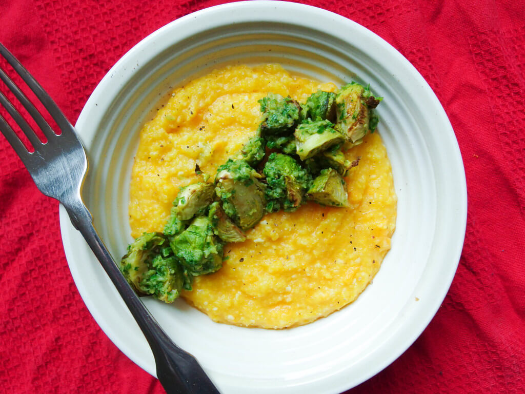 Sweet Potato Polenta with Chimichurri Brussels Sprouts - Yup, it's Vegan