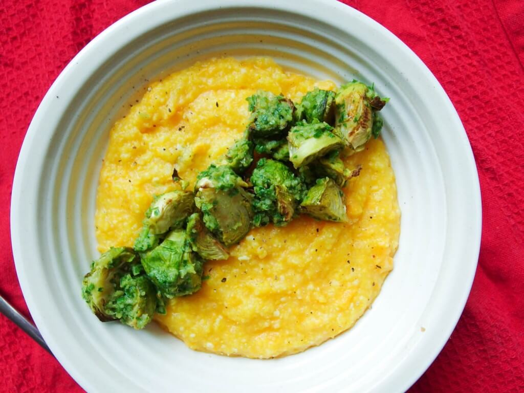 Sweet Potato Polenta with Chimichurri Brussels Sprouts - Yup, it's Vegan