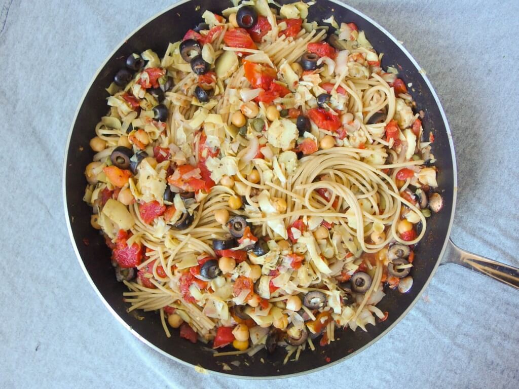 Spaghetti Alla Puttanesca with Chickpeas & Artichoke