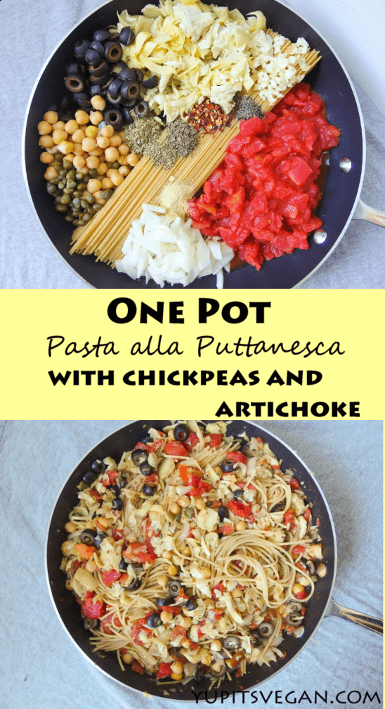 One Pot Spaghetti Alla Puttanesca | yupitsvegan.com. Easy and healthy vegan one pot pasta that cooks in 10 minutes in just ONE pan.
