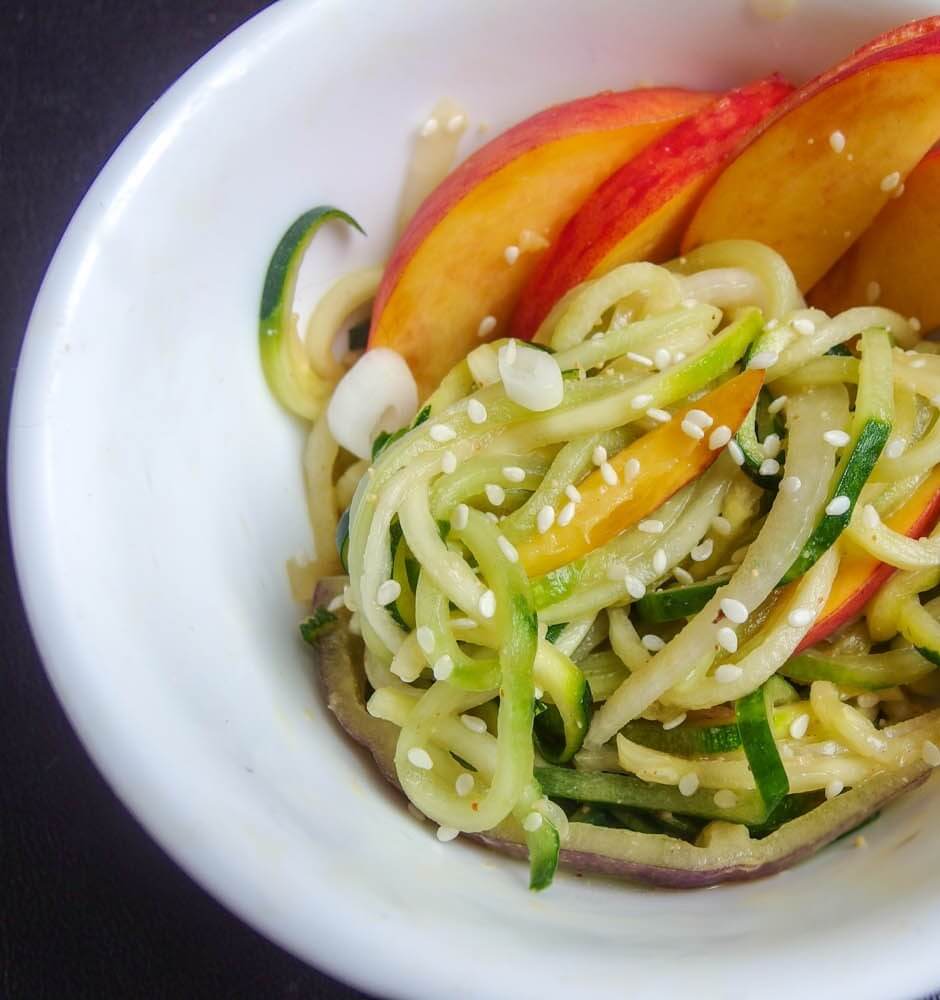 Zucchini and Cucumber Noodle Salad with Peanut Sauce and Fresh Peaches - Yup, it's Vegan
