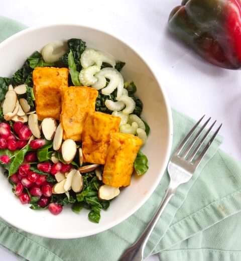 Gluten free, grain free, refined sugar free filling vegan salad with spicy buffalo tofu and a healthy dose of fats from nuts and avocado | yupitsvegan.com