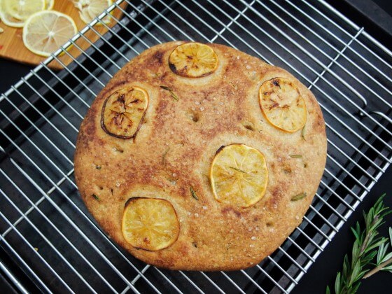 Spelt, rye, and all purpose flour with sweet citrus meyer lemons caramelized in olive oil and sugar with rosemary browned in a beautiful crust