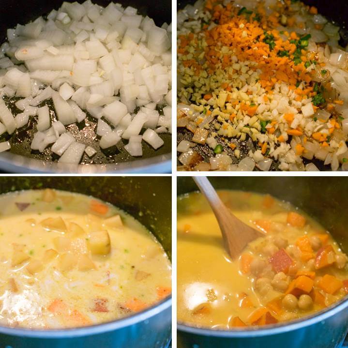 Steps for preparing chickpea turmeric stew: saute some onion, add aromatics, stir in vegetables and coconut milk, and simmer until tender.