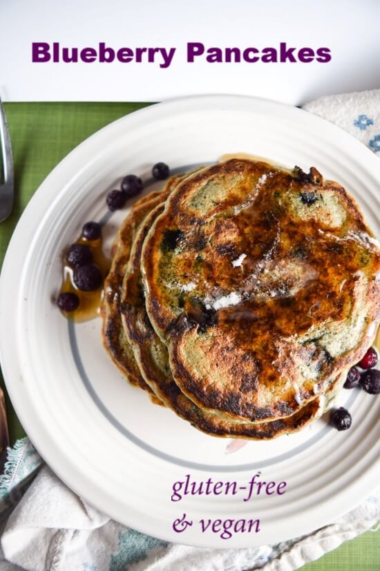 Gluten, grain, nut, and soy free vegan blueberry pancakes make with heart-healthy flax and oat flour