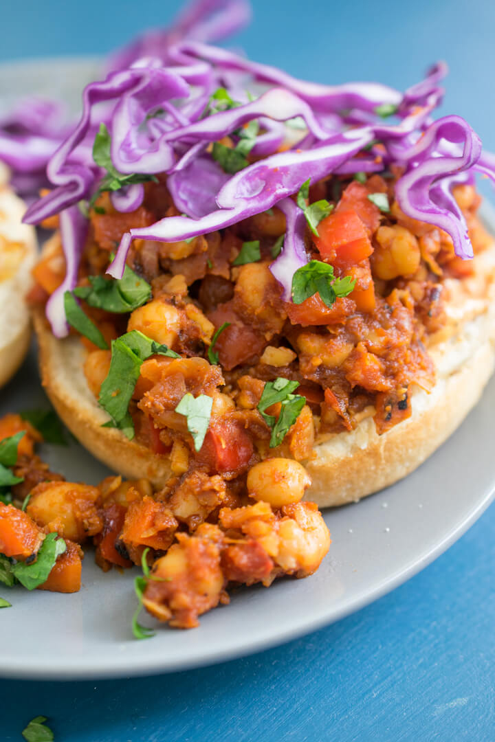 Close-up of vegan sloppy joe filling made with chickpeas