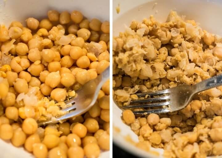 Collage showing chickpeas being mashed with a fork, before and after