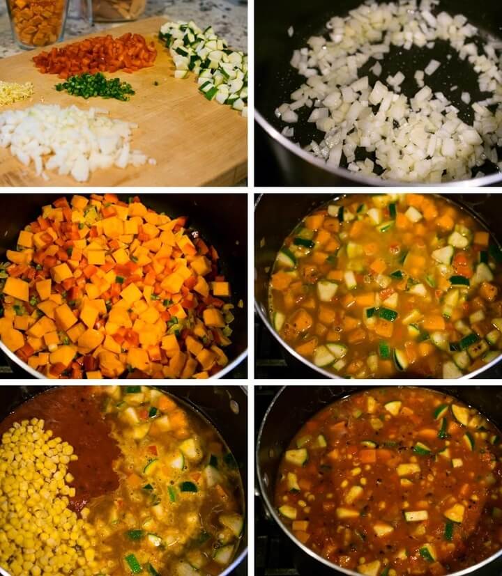 Collage showing the steps to make sweet potato tortilla soup. Prep vegetables in advance. Saute onion, add sweet potato and peppers, simmer with zucchini, corn and tomato.