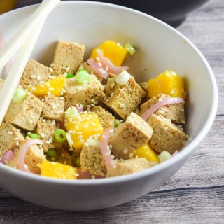 Tofu Poke with Mango and Pickled Shallot | Yup, it's Vegan. Hawaiian-inspired cold marinated tofu, bursting with flavor from sesame, scallions, and chili sauce. Light vegan, gluten-free summer meal that comes together with only a few minutes of hands-on time.
