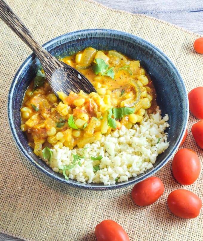 Sweet Corn Curry | Yup, it's Vegan. Fresh summer corn simmered in a spiced coconut milk stew.