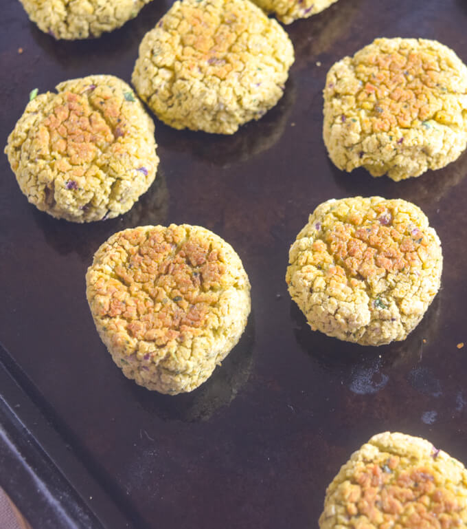 Healthy baked falafel with creamy chickpeas and easy quick cooking oats on the stove browned to perfection