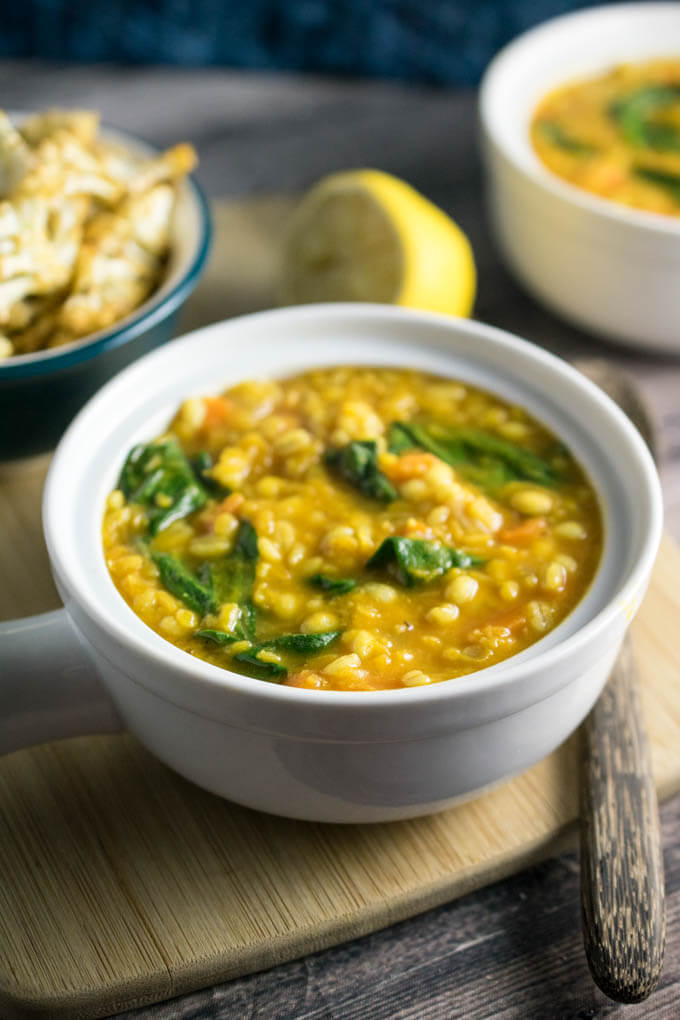 Soy, nut, and sugar free vegan golden lentil barley soup is a soothing, warming, and nutritious fall dinner