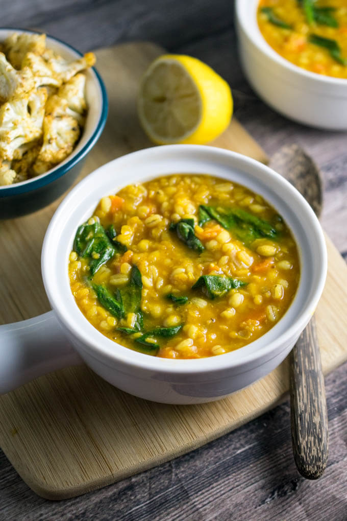 Golden lentil barley soup, part of a Veganuary recipe collection.