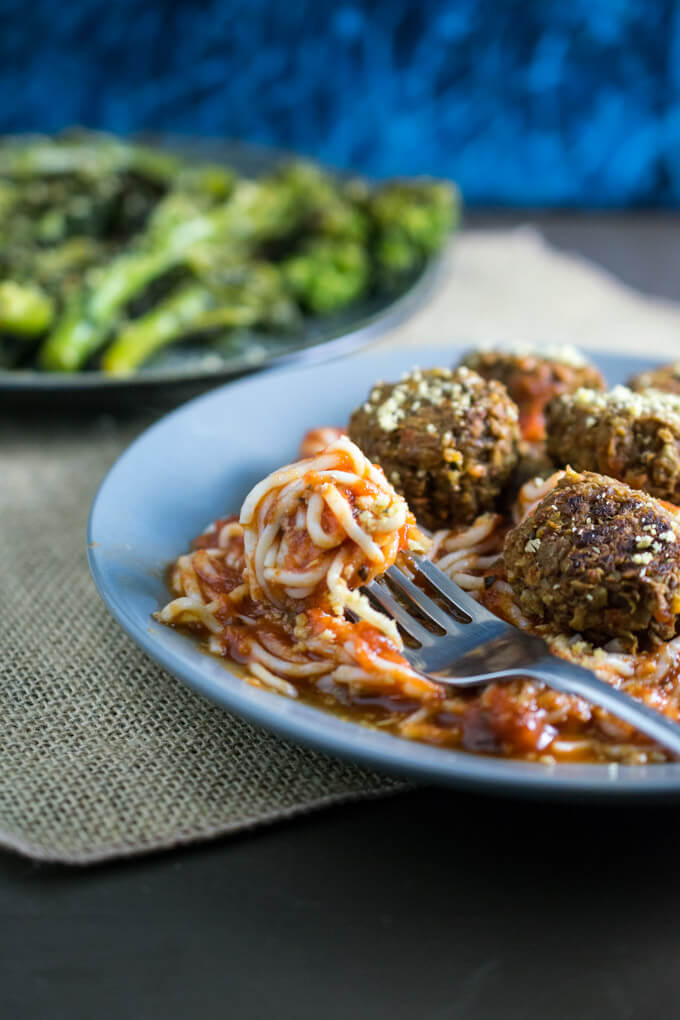 Neutrally flavored chewy tofu noodles with a creamy red sauce and a dense from scratch lentil ball flavored with garlic, oregano, black pepper, and nutritional yeast for the perfect dinner sans-food coma