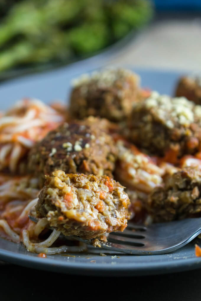 Closeup of one hearty and delicious baked lentil ball packed with protein and healthy fats, garnished with hemp parmesan, and served over light tofu noodles