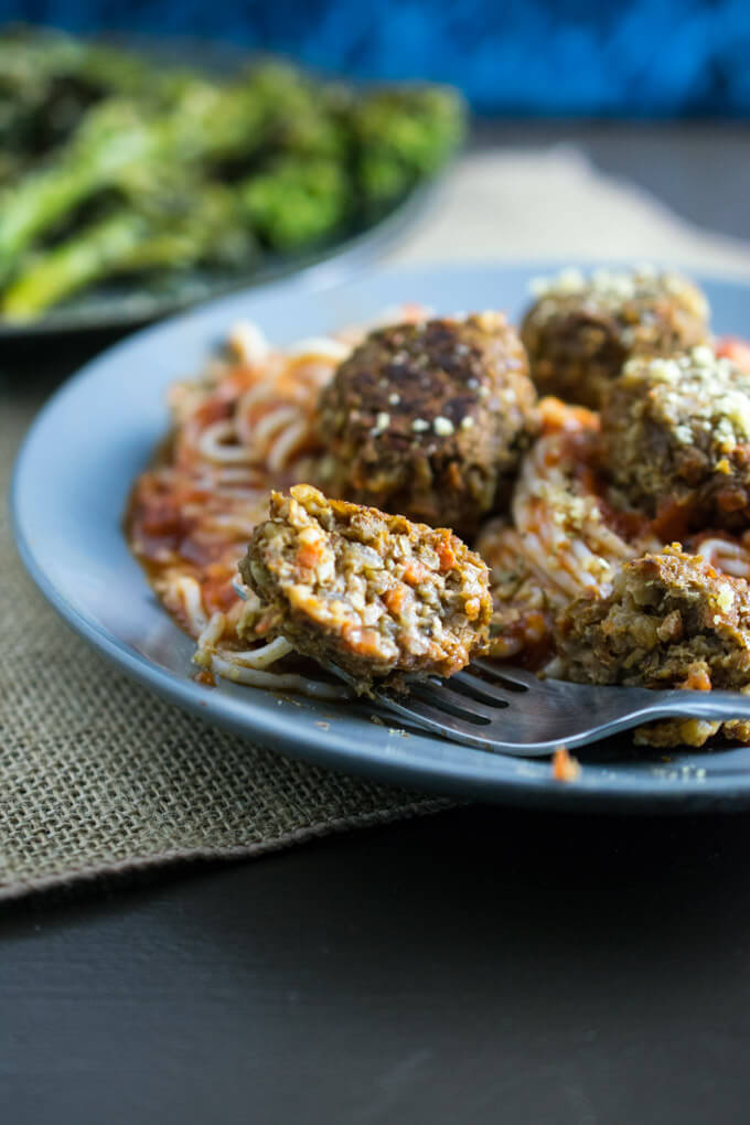 Gluten and grain free vegan lentil walnut balls served with asian konjac noodles for a low carb, high protein meal