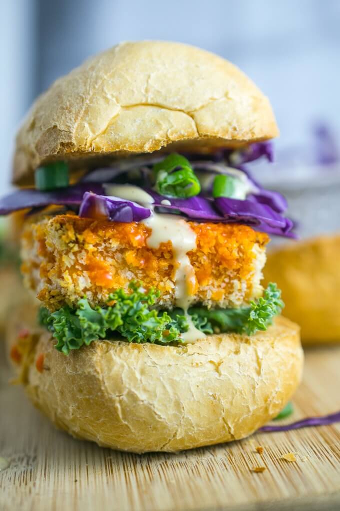 Buffalo Tofu Sliders dripping with homemade quick and easy tahini ranch + How to Make Tofu that Isn't Mushy | by Yup, it's Vegan.