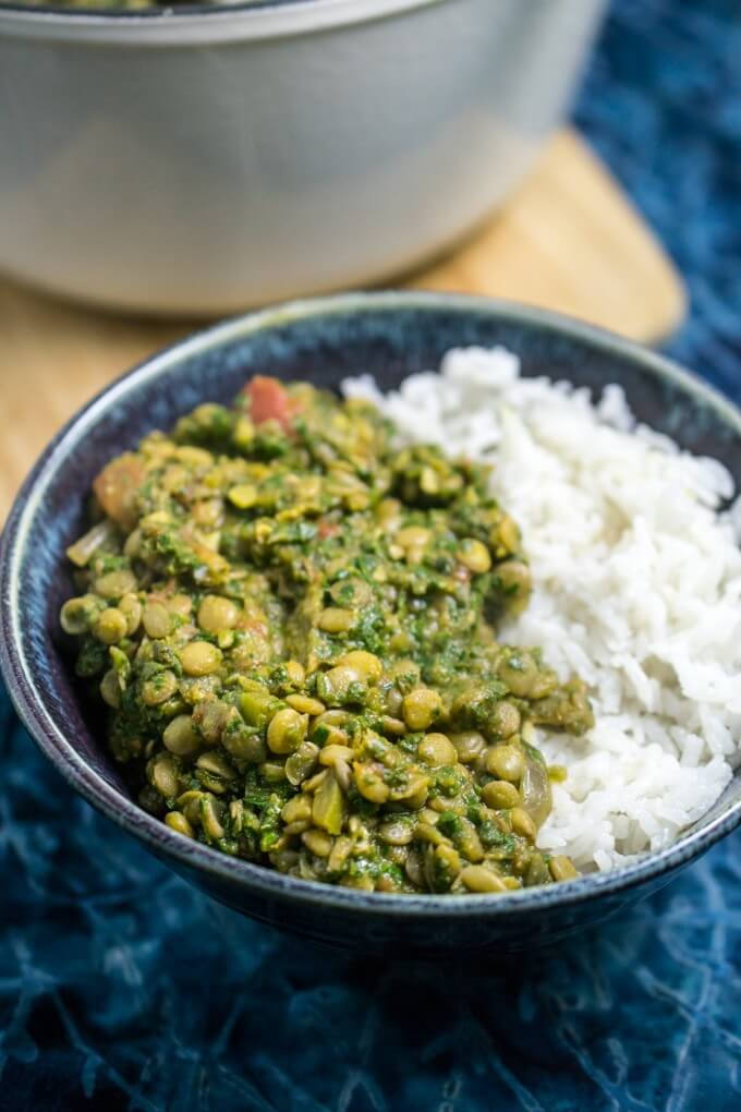 Gluten, nut, and soy free vegan low effort weeknight dinner - lentil spinach curry with eight cups of nutrient-packed greens and a hearty coconut rice