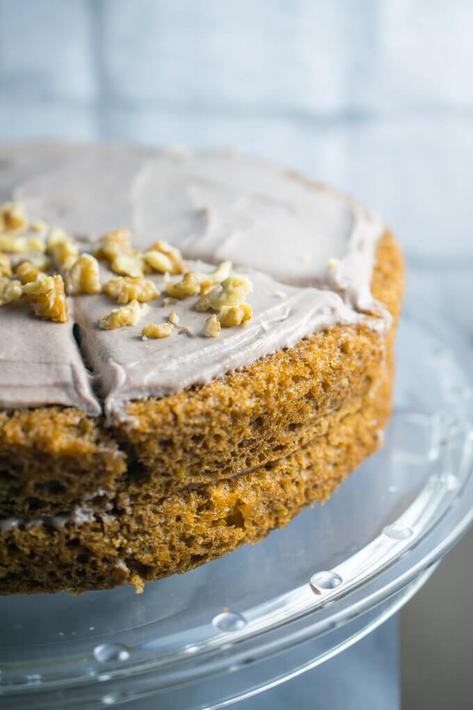 One cut vegan sweet potato carrot cake made with aquafaba egg replacement for a lighter, more bubbly texture