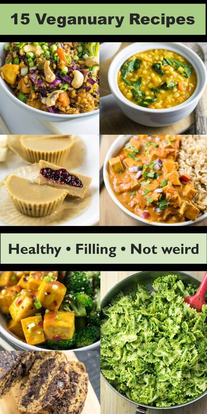Collage of 7 different vegan recipes that are perfect for Veganuary.