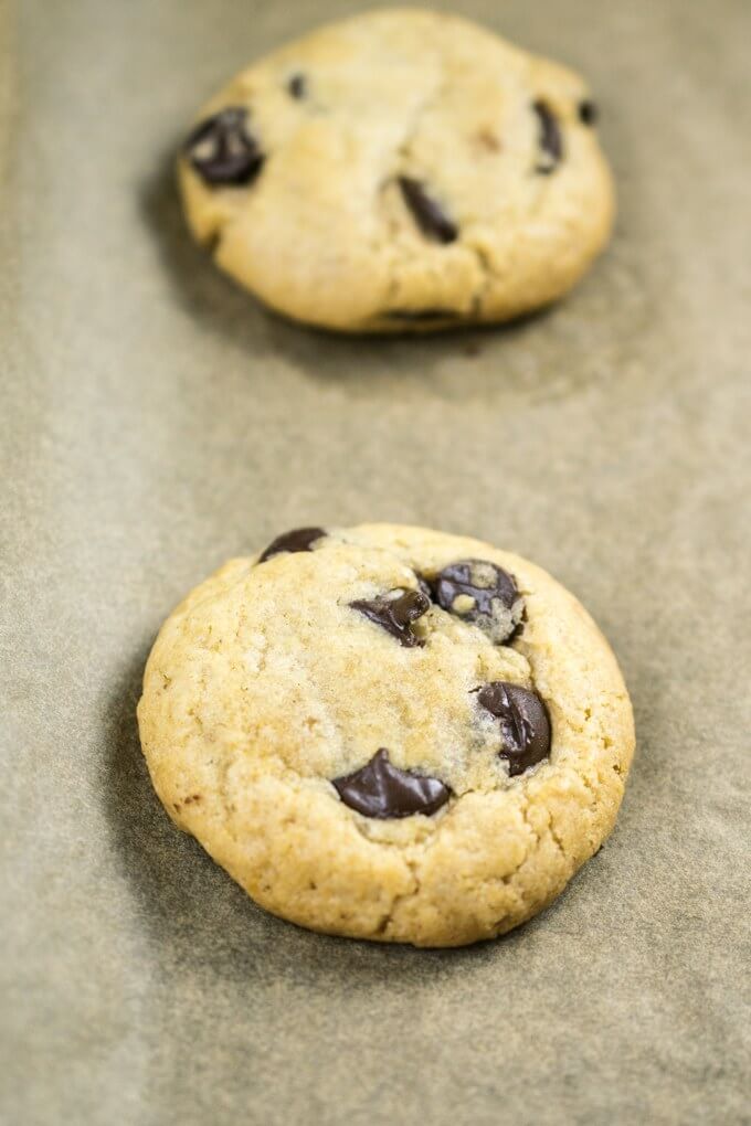 Close-up of a single vegan chocolate chip cookie on a piece of parchment paper