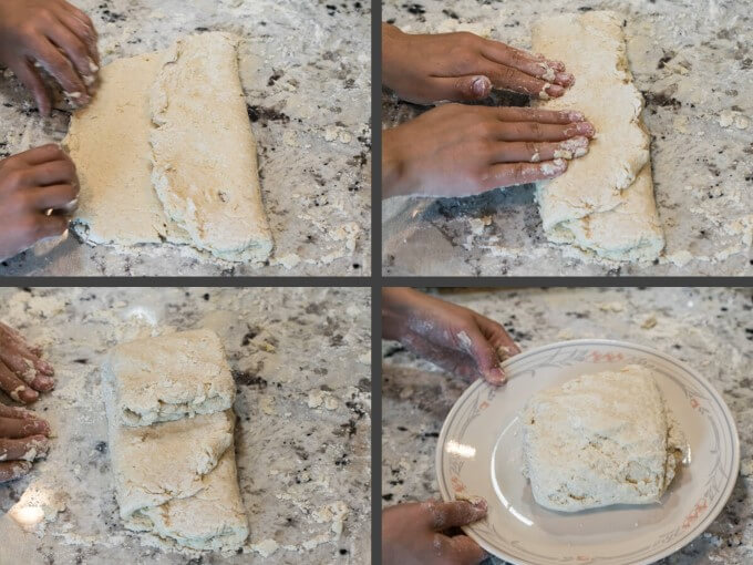 Collage of the steps to fold vegan scones into a layered square