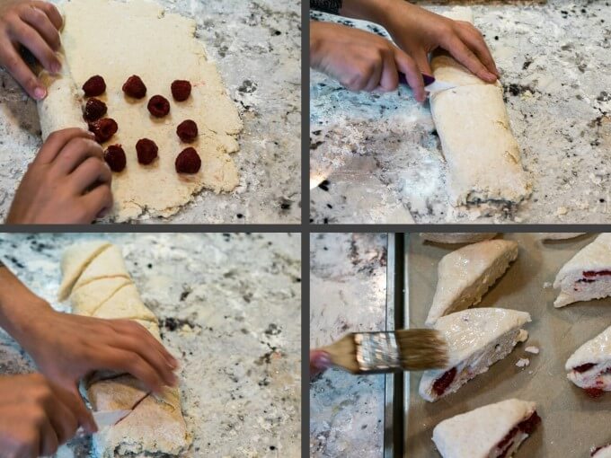 Collage of the steps to fill vegan scones with raspberries, roll into a log, cut into triangle shapes, and brush with oil and sugar