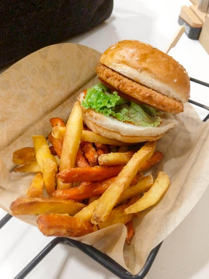 Veggie burger with parsnip and carrot fries and ajvar in Zagreb airport, Croatia
