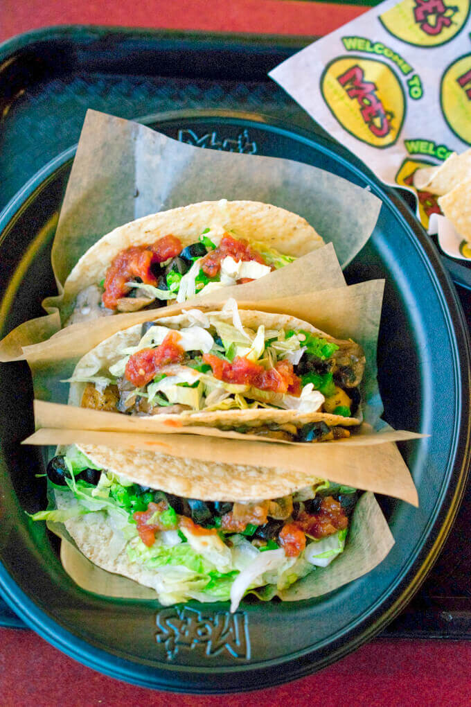 Tofu, mushroom and cabbage tacos (vegan and gluten-free) from Moe's Southwest Grill