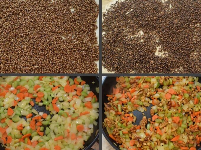 Collage of 4 steps in preparing a vegan walnut lentil loaf: roasting the lentils until dried out; sauteeing carrots, celery and onions and then adding walnuts to toast them.