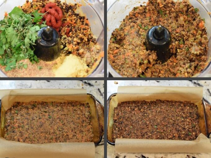 Collage of 4 steps in making a vegan gluten-free meatloaf: blending lentils, parsley, tomato paste, and seasoning in a food processor until soft, spreading into a loaf pan, and baking until firm.