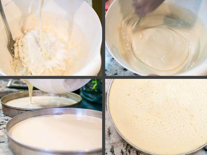 Steps to finish making vegan cake batter after reverse creaming: add liquid and stir until runny and smooth. Pour into cake pans and bake until fluffy.