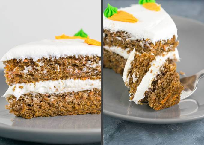 Close-ups of the interior of a piece of vegan carrot cake. on the left, a slice of the cake; on the right, a bite being cut with a fork, showing the tenderness of the cake.