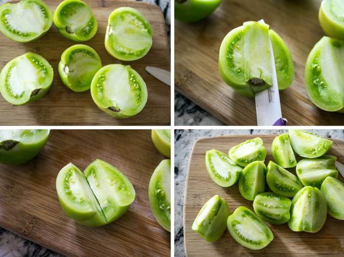 Steps for cutting and prepping green tomatoes for salsa: halve the tomatoes, "core" out the centers, then quarter them.