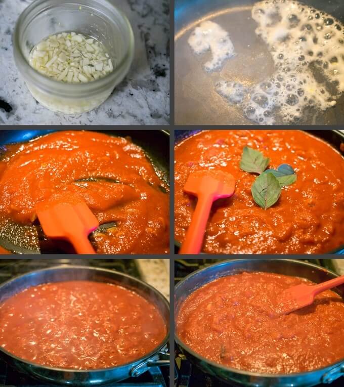 Collage of steps to make fat-free marinara sauce: soaking garlic in white wine, adding the wine and garlic to a pan; adding tomatoes and basil; simmering until thickened; and stirring.