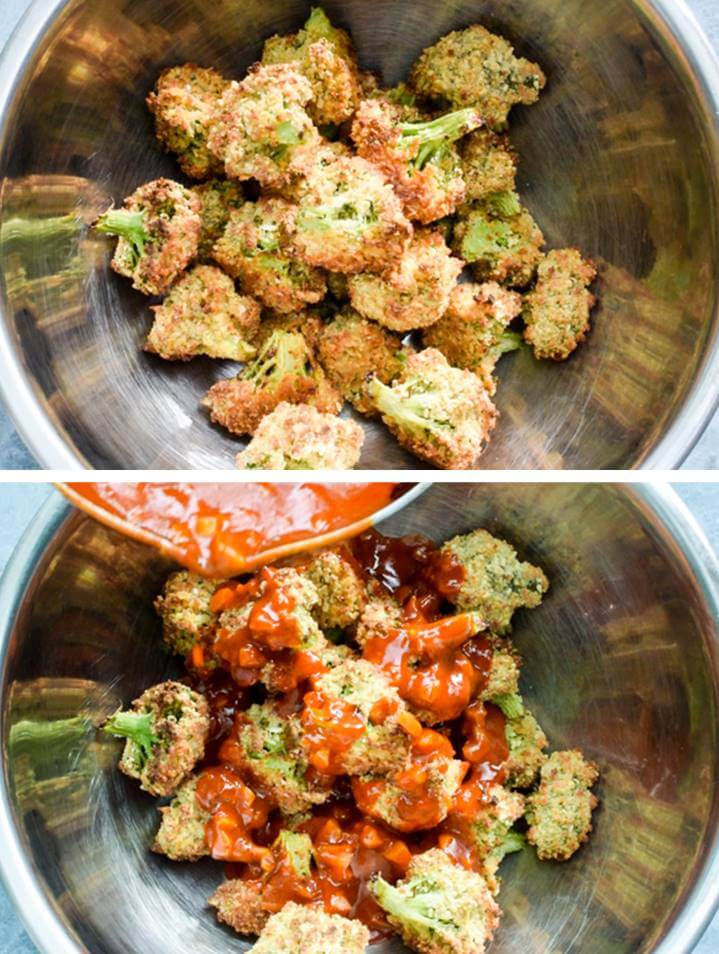 Broccoli wings before and after coating with buffalo sauce