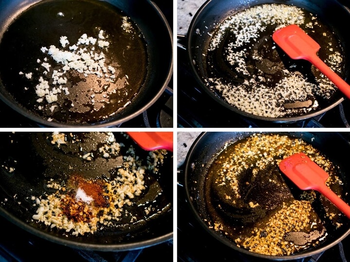 Collage showing how to saute garlic in olive oil, then add spices and bloom them