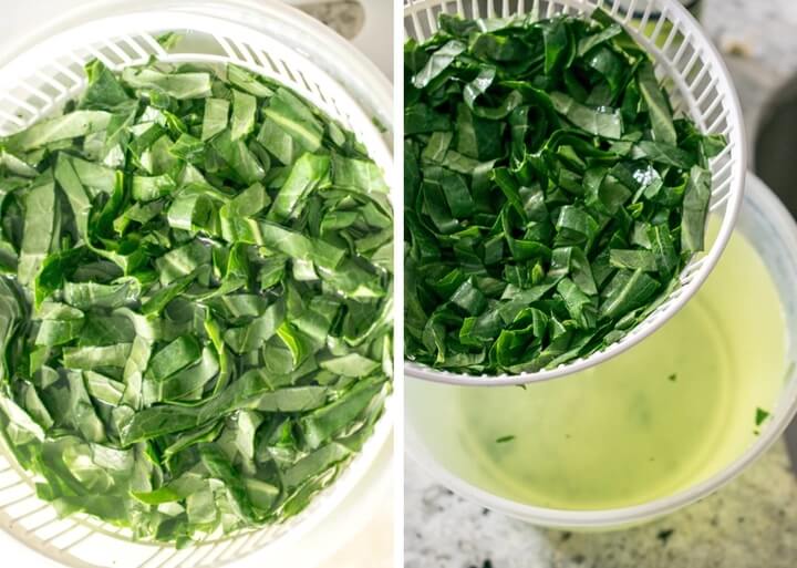 Collage showing how to wash chopped collard greens