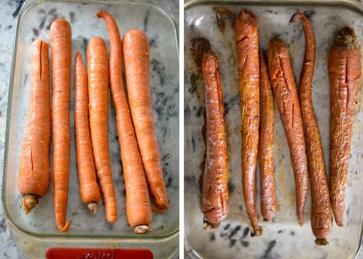 Side-by-side photos of carrots before and after roasting in the oven
