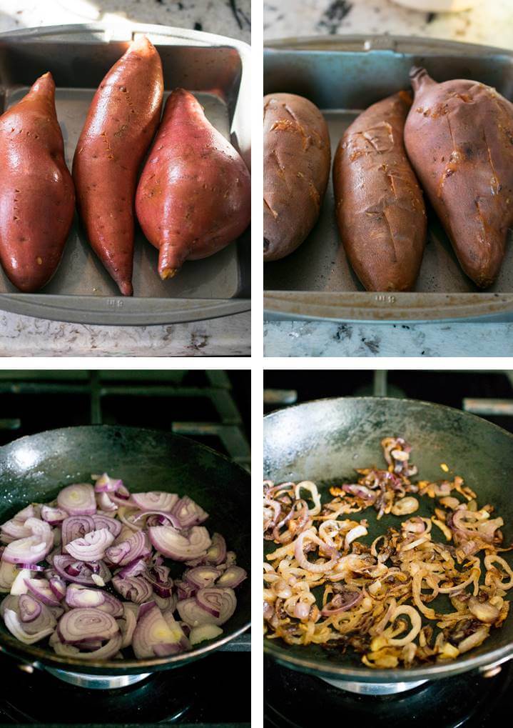 Steps for making vegan savory sweet potato casserole: sweet potatoes before and after roasting; shallots before and after caramelizing