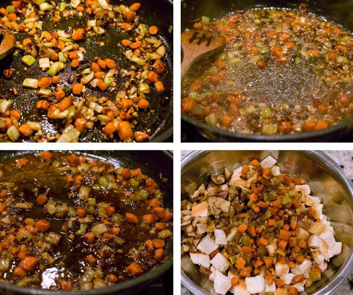 Collage of steps for blooming spices for stuffing, then deglazing the pan with white wine, adding more liquid seasoning, and combining mixture with stale bread.