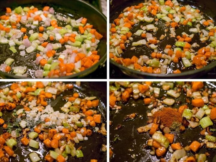 Steps for sauteeing onion, carrot, celery, garlic, herbs and spices to make stuffing