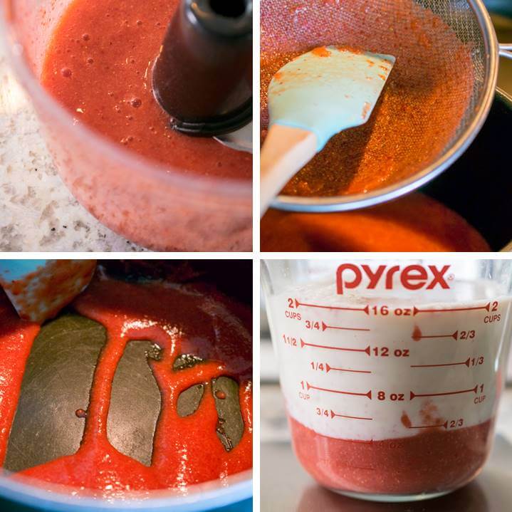 Steps for making strawberry reduction and adding it to the cake batter: puree and strain the strawberries, cook them into a reduction, and mix with other wet ingredients for the cake.