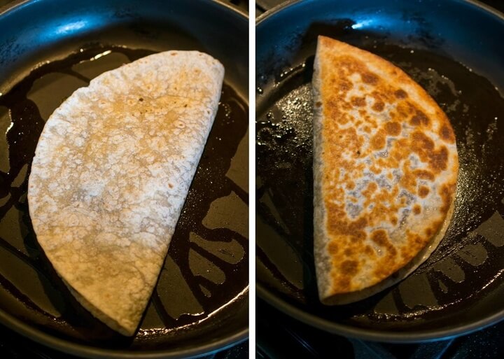 Before and after cooking a quesadilla in a pan until browned