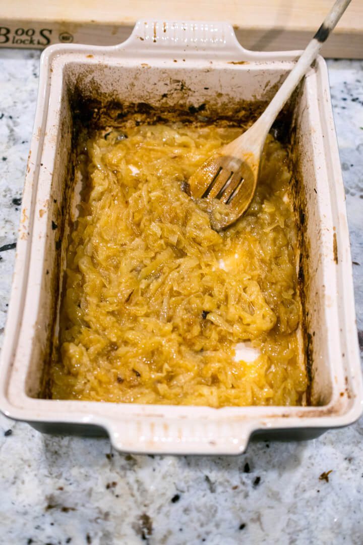 Caramelized onions in a casserole dish