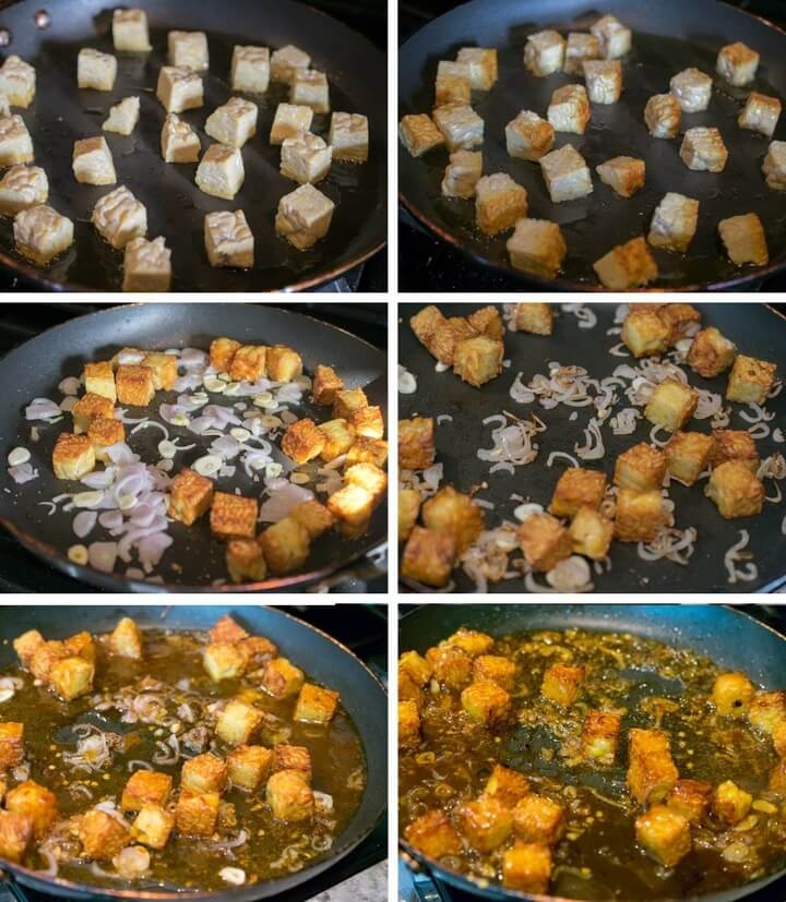 Steps to make spicy mango tempeh: pan-frying tempeh cubes until crispy; adding shallot and garlic until browned; stirring in and thickening the sauce
