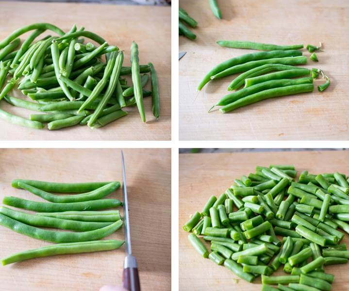 Steps to trim and prep green beans: line up several green beans and slice off the ends. Rotate them the other direction, line them up again, and repeat. Repeat until all green beans are trimmed.